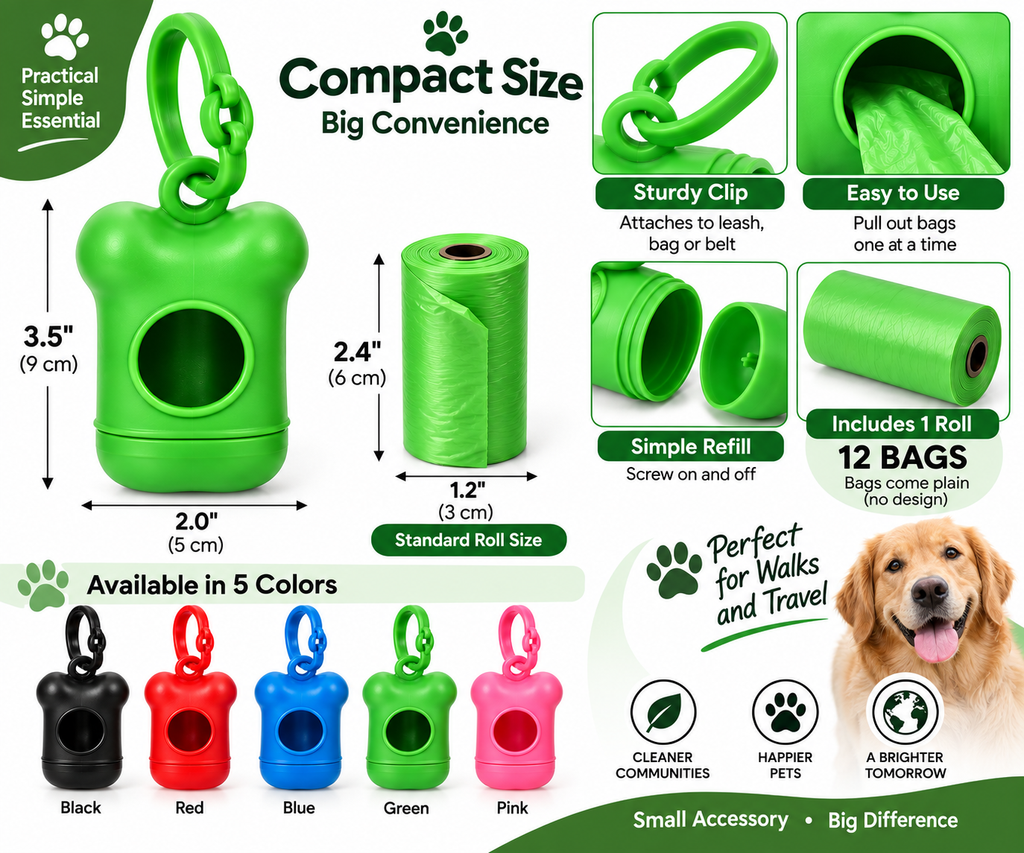 Dog Waste Bag Dispenser with Clip & 12 Bags – Portable Pet Cleanup Bag Holder