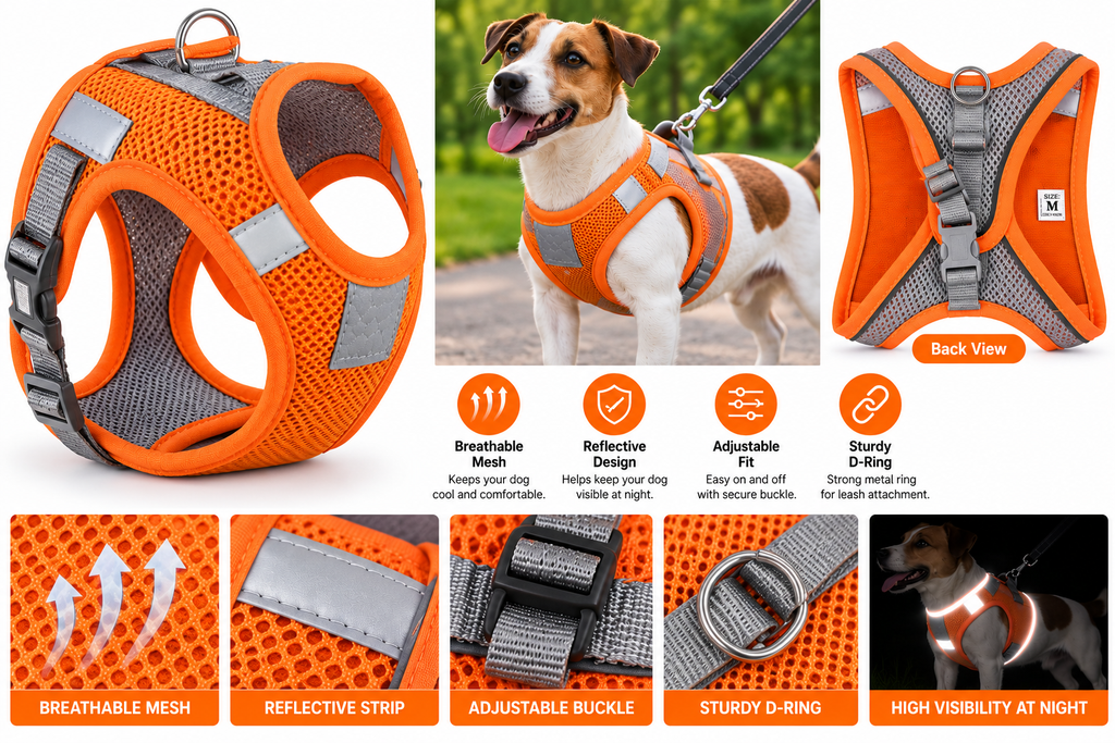 Reflective Breathable Mesh Dog Harness – Adjustable Orange Vest, Size M