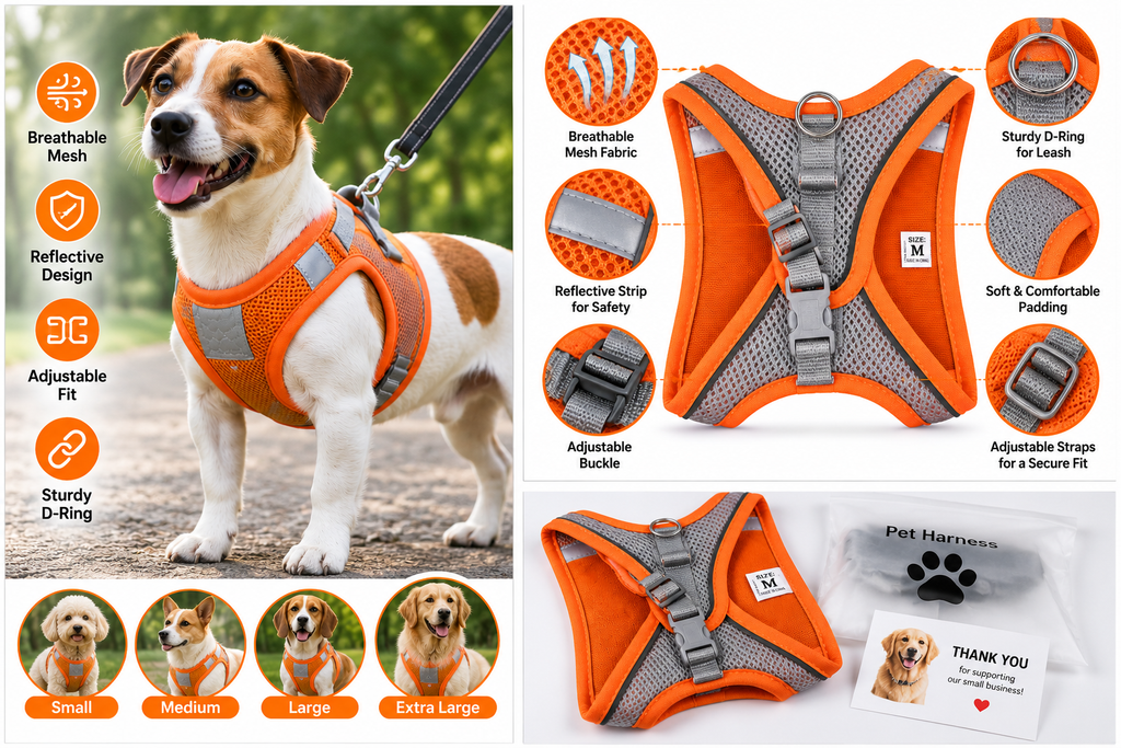 Reflective Breathable Mesh Dog Harness – Adjustable Orange Vest, Size M