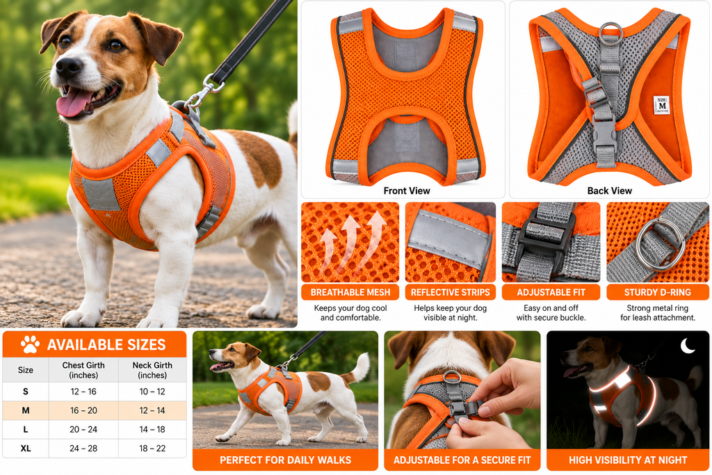 Reflective Breathable Mesh Dog Harness – Adjustable Orange Vest, Size M